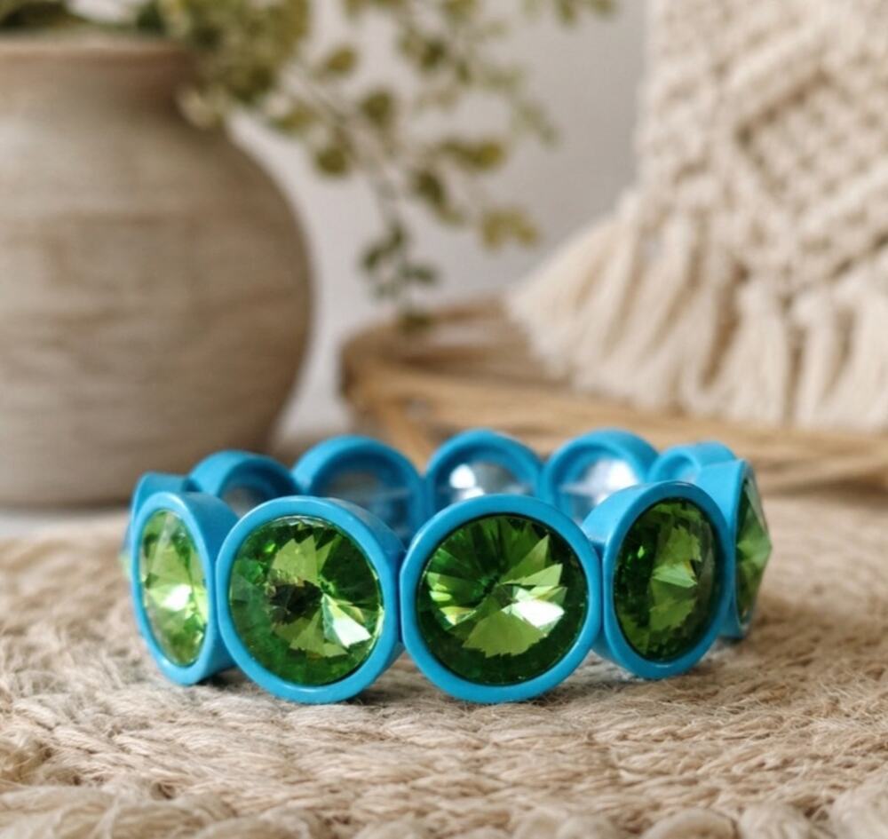 Enamel Blue Green Crystal Stretch Bracelet New